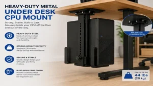 heavy duty metal under desk cpu mount supporting a desktop tower in a professional workspace