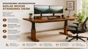 Ergonomic workstation with solid wood standing desk designed to improve posture and productivity