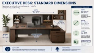 standard dimensions of a desk displaying executive desk measurements with larger workspace capacity