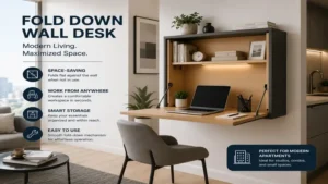Contemporary fold down wall desk maximizing functionality and workspace efficiency in a modern apartment
