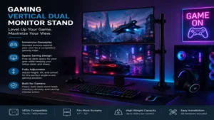 RGB gaming desk featuring a vertical dual monitor stand for immersive dual-screen gameplay