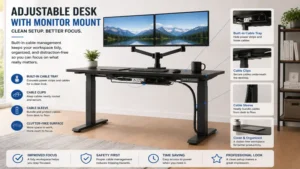 Adjustable desk with monitor mount including cable management for a clean and organized workstation