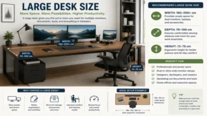 Large desk size setup featuring dual monitors, accessories, and an expansive work surface