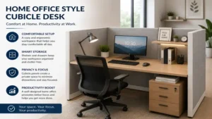 Modern desk with cubicle featuring smart office storage