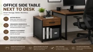 Office side table positioned next to a work desk, creating an organized and efficient office setup.