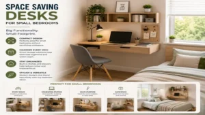 Compact space saving desks arranged neatly in a small bedroom workspace