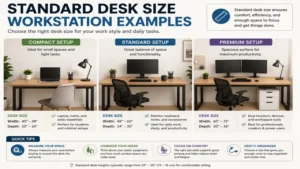 Standard desk size workstation examples for study, productivity, and professional work environments