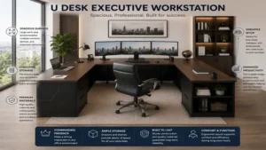 u desk executive workstation with premium materials, large work surfaces, and professional office design
