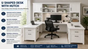 Contemporary white u shaped desk with hutch providing ample storage and a clean office aesthetic