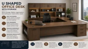 u shaped office desk with storage offering drawers, cabinets, and organized workspace solutions