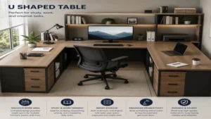 Functional u shaped table in a study room with computer equipment and plenty of desk surface area