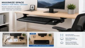 under counter keyboard tray maximizing desk space in a compact office workstation