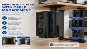 under desk cpu mount with organized cable management creating a clean and efficient desk setup
