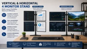 Vertical and horizontal 4 monitor stand layout for flexible screen positioning and workflow efficiency