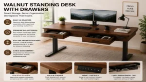Functional walnut standing desk with built-in drawers providing convenient storage space