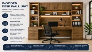 wooden desk wall unit with shelves, cabinets, and spacious workstation for home office use