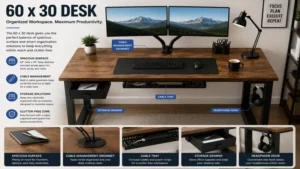 Organized 60 x 30 desk featuring cable management and workspace storage solutions.
