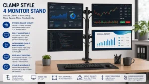 Clamp style 4 monitor stand with integrated cable management and adjustable monitor arms