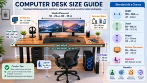 standard dimensions of a desk explaining computer desk measurements for monitors and accessories