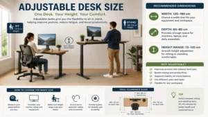 Desk size comparison showing multiple desk configurations and workspace requirements