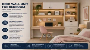desk wall unit installed in a bedroom providing study space, storage, and modern organization