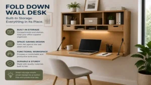 Space-saving fold down wall desk featuring built-in storage compartments for organized home office supplies
