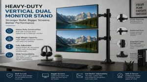 Heavy-duty vertical dual monitor stand supporting large monitors with stable adjustable arms