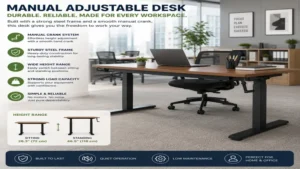 Durable manual adjustable desk in a modern office environment with adjustable height settings