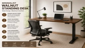 Minimalist walnut standing desk paired with an ergonomic chair in a modern workspace
