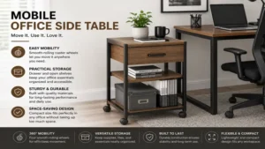 Office side table with caster wheels, allowing flexible movement and convenient storage throughout the workspace.