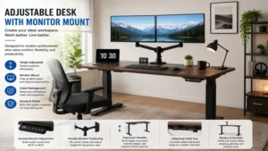 Adjustable desk with monitor mount in a modern home office setup with laptop and accessories