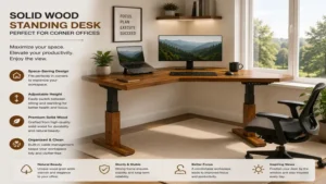 Solid wood standing desk positioned in a stylish corner office with natural light and organized workspace