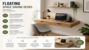 Floating space saving desks installed on walls for a clean and minimalist look