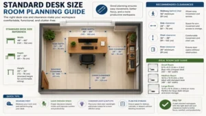 Standard desk size room planning guide showing desk placement, clearances, and space requirements