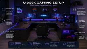 u desk gaming setup with multiple monitors, gaming accessories, and immersive workspace organization