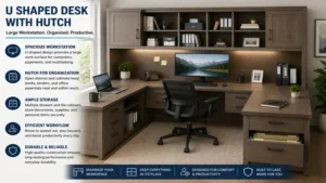 Large u shaped desk with hutch workstation setup with computer, books, and organized office supplies