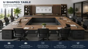 Professional u shaped table collaborative workspace designed to improve teamwork and productivity