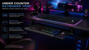 under counter keyboard tray mounted under a gaming desk with keyboard and mouse setup
