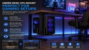 gaming workstation featuring an under desk cpu mount to maximize legroom and desk space