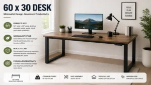 Minimalist office featuring a 60 x 30 desk with clean décor and a functional workspace.