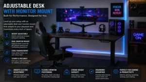 Adjustable desk with monitor mount configured for gaming and multitasking with multiple displays