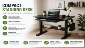 compact standing desk with built-in storage features for an organized workspace