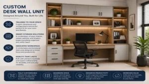 custom desk wall unit with tailored storage solutions, shelving, and dedicated workspace