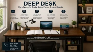 deep desk study area with ample space for books, laptops, and office supplies