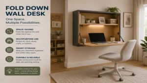 Versatile fold down wall desk integrated into a multipurpose room for work, study, and creative activities