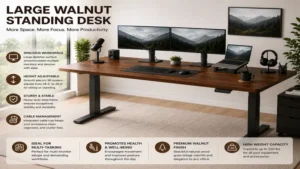 Large walnut standing desk designed for multi-monitor setups and enhanced productivity