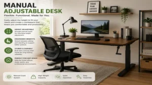 Organized workspace featuring a manual adjustable desk with computer and office accessories