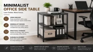Office side table with open shelves and a minimalist design, keeping office essentials within easy reach while maintaining a clutter-free workspace.