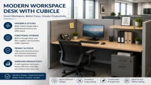 Modern workspace desk with cubicle and ergonomic office chair