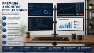 Premium 4 monitor display stand with ergonomic design and professional multi-monitor organization